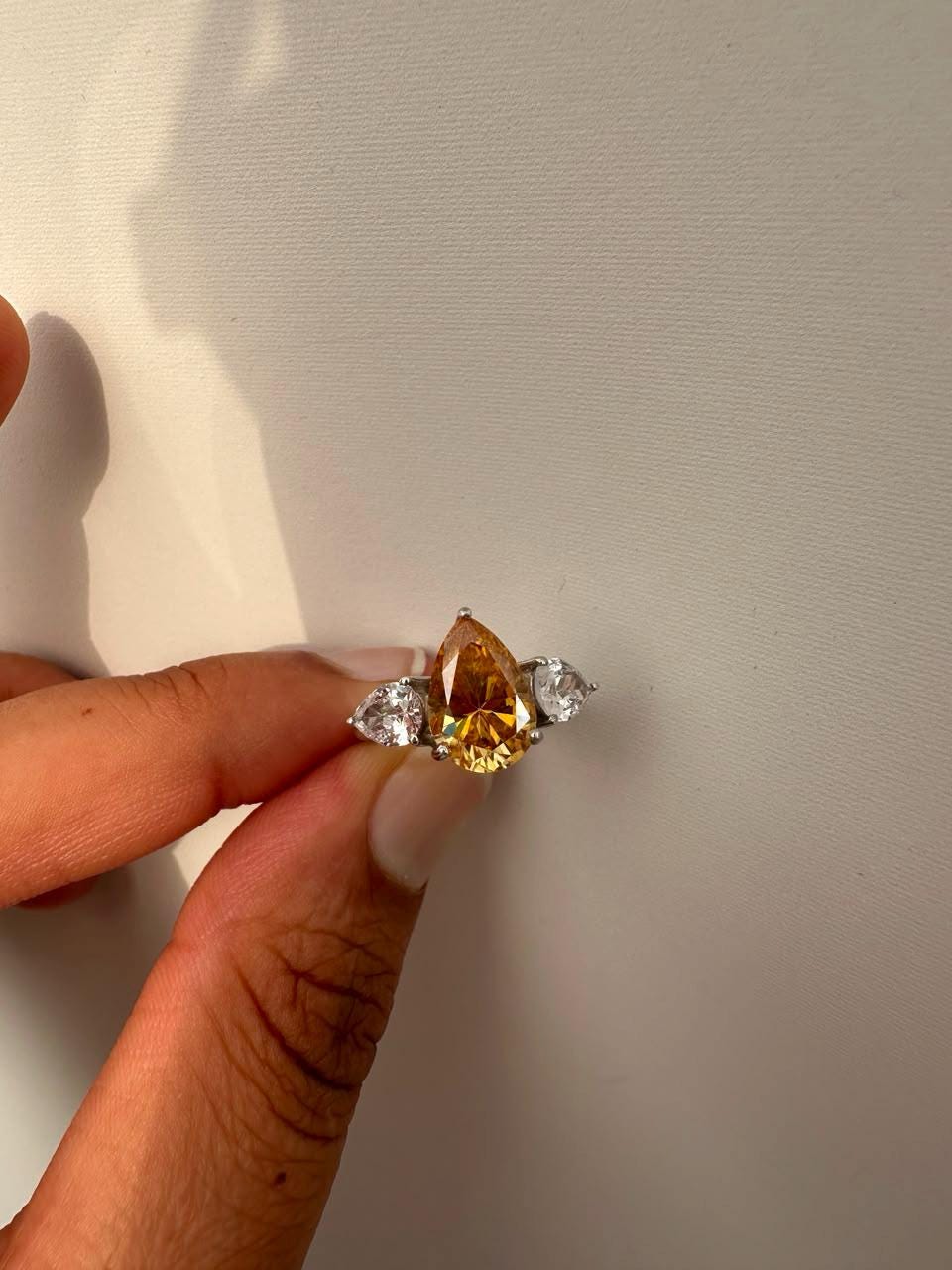 4 CT Pear Cut Yellow Moissanite Engagement Ring, 14K White Gold Three Stone Ring