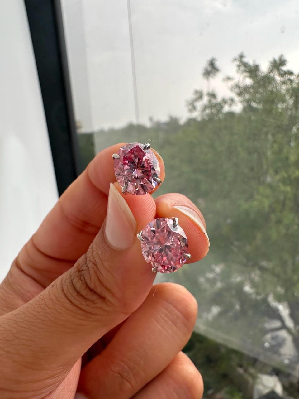 8 CT Oval Pink Moissanite Stud Earrings, 14K White Gold, Anniversary gift for her