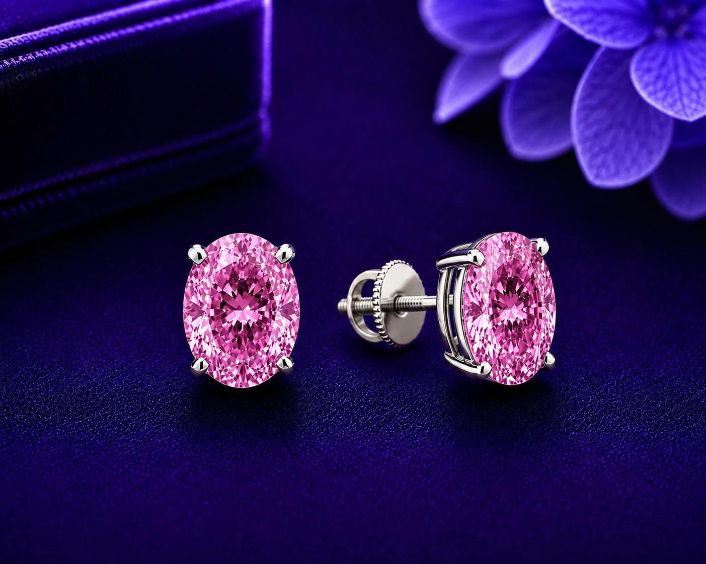 8 CT Oval Pink Moissanite Stud Earrings, 14K White Gold, Anniversary gift for her
