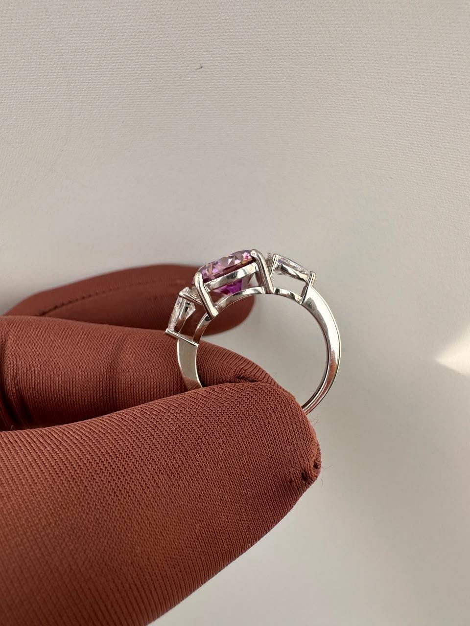 5 CT Round Lavender Moissanite Engagement Ring, 14K White Gold Three Stone Ring
