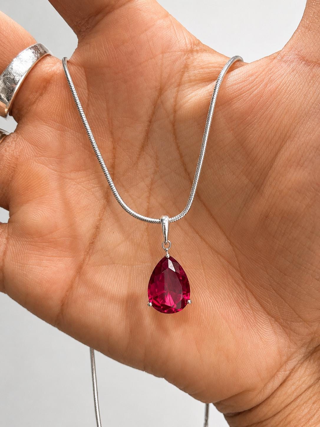 6 CT Pear Cut Ruby Pendant Necklace, 14K White Gold, July Birthstone Jewelry