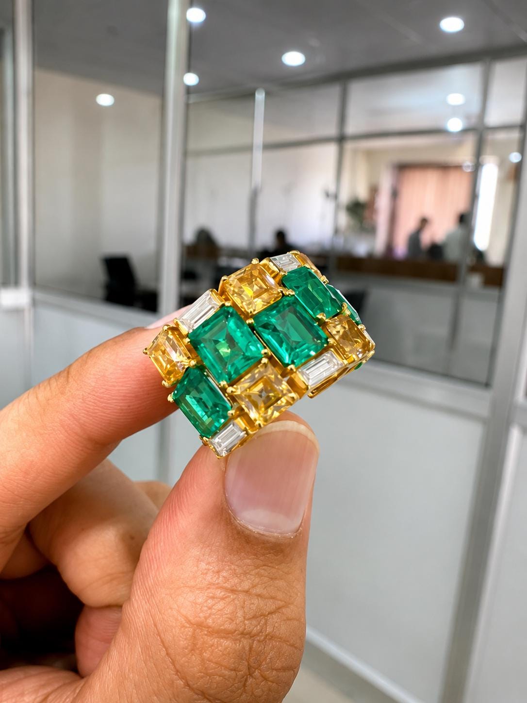 Multi Stone Emerald Engagement Ring | 14k Yellow Gold, Statement gift for her