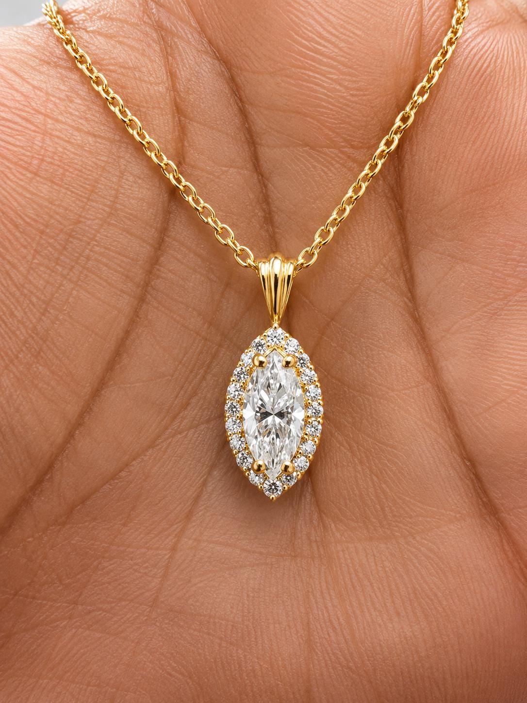 14K Gold Marquise Moissanite Halo Pendant Necklace - 1.75 Ct