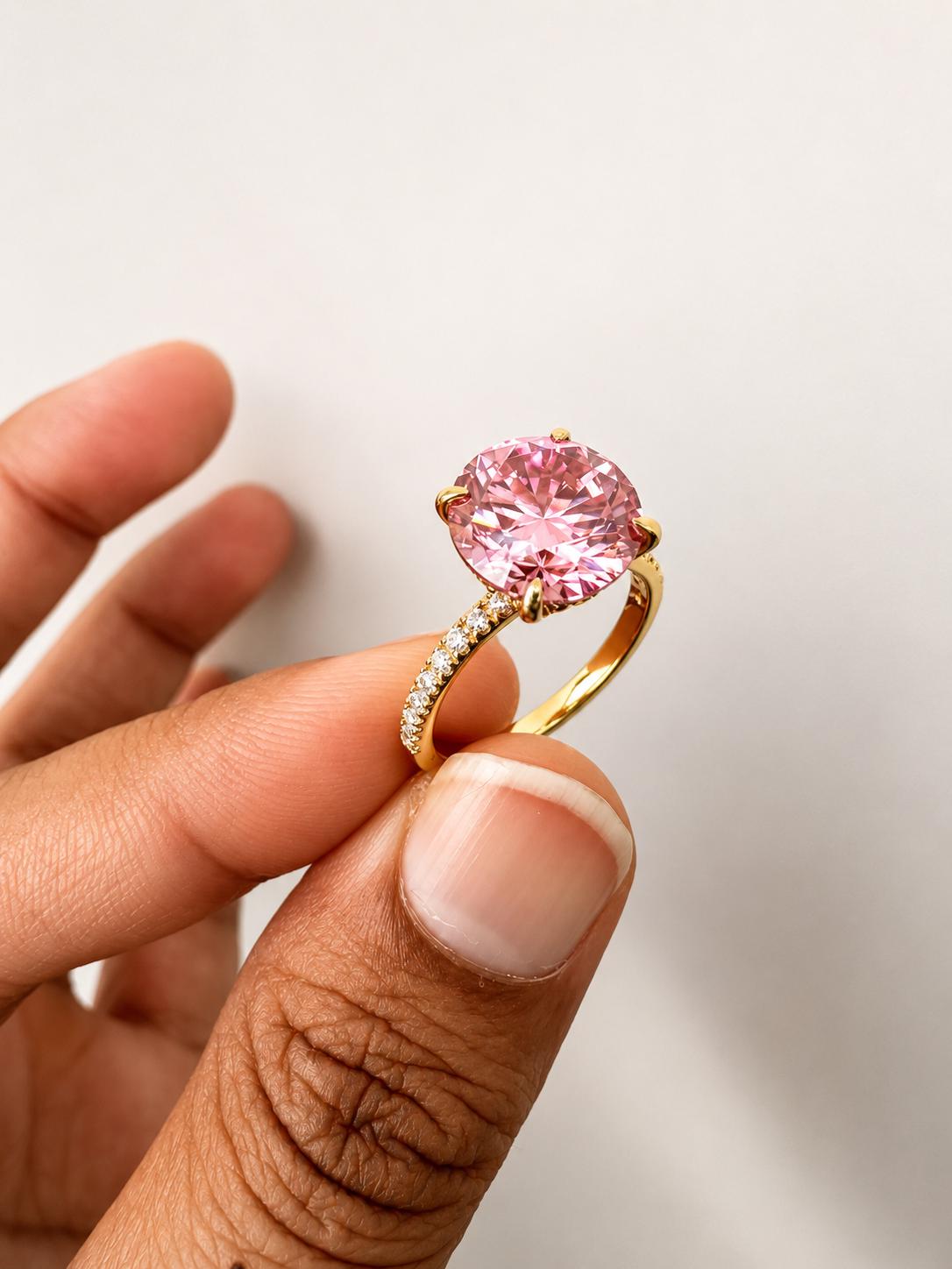 4 CT Pink Moissanite Engagement Ring, Hidden Halo Pavé Band, 14k Gold Vermeil