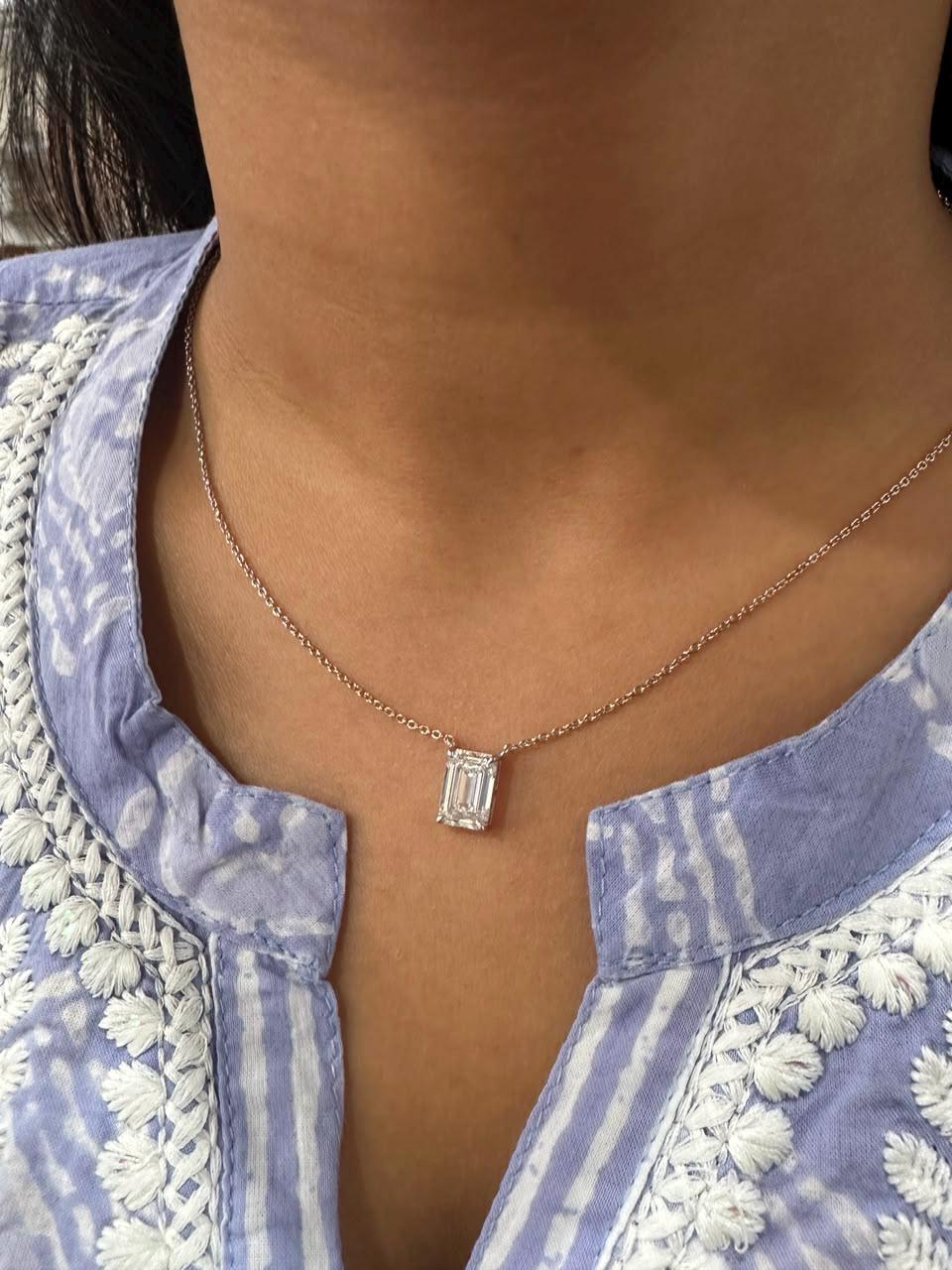 IGI Certified Emerald Cut Lab Diamond Solitaire Pendant, 2.55 Carat, 14K White Gold Necklace