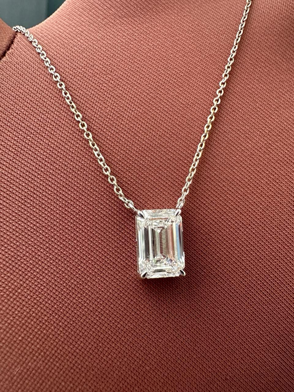 IGI Certified Emerald Cut Lab Diamond Solitaire Pendant, 2.55 Carat, 14K White Gold Necklace