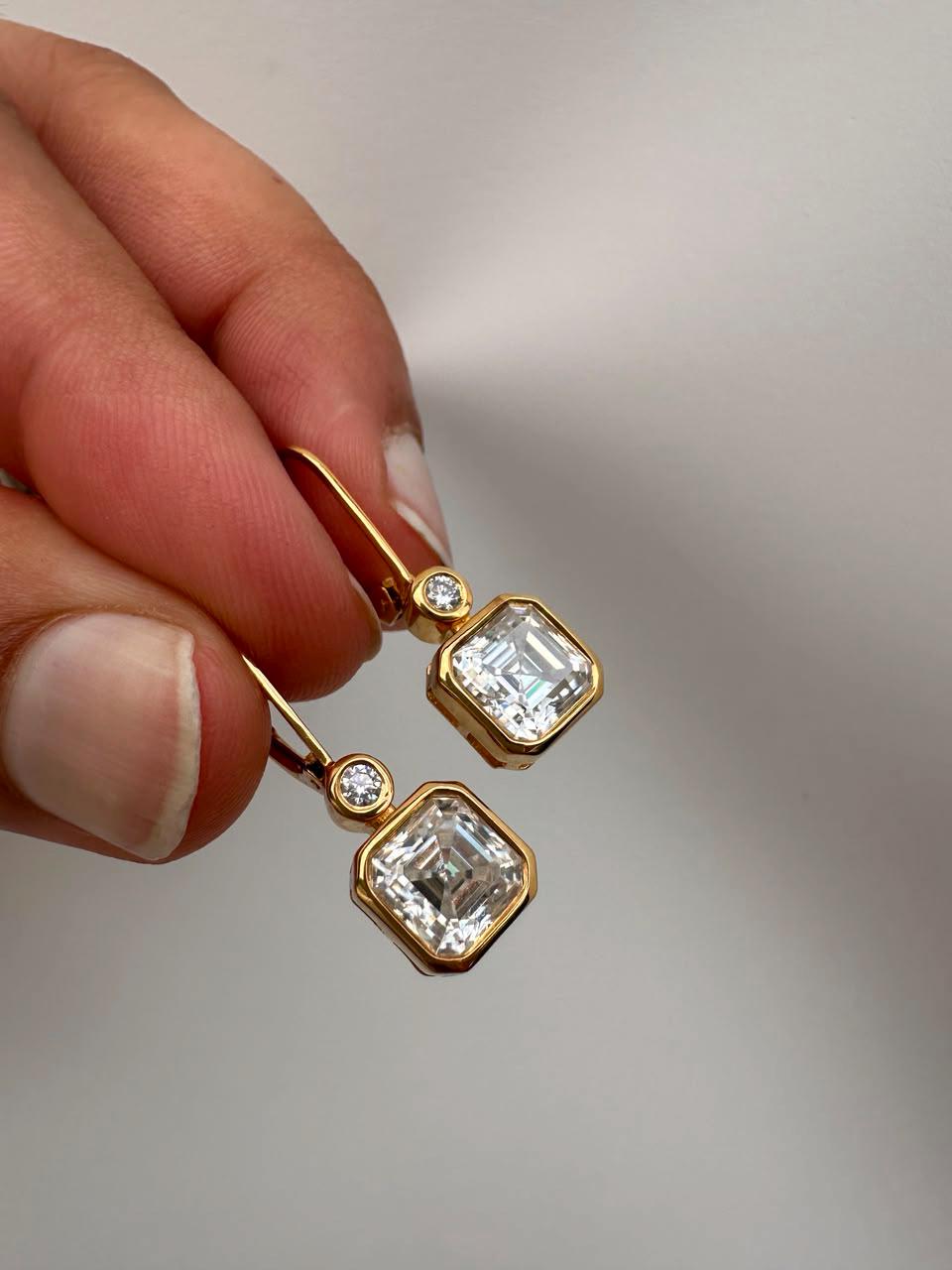 14K Gold Asscher Cut Moissanite Drop Earrings, Bezel Set Wedding Jewelry