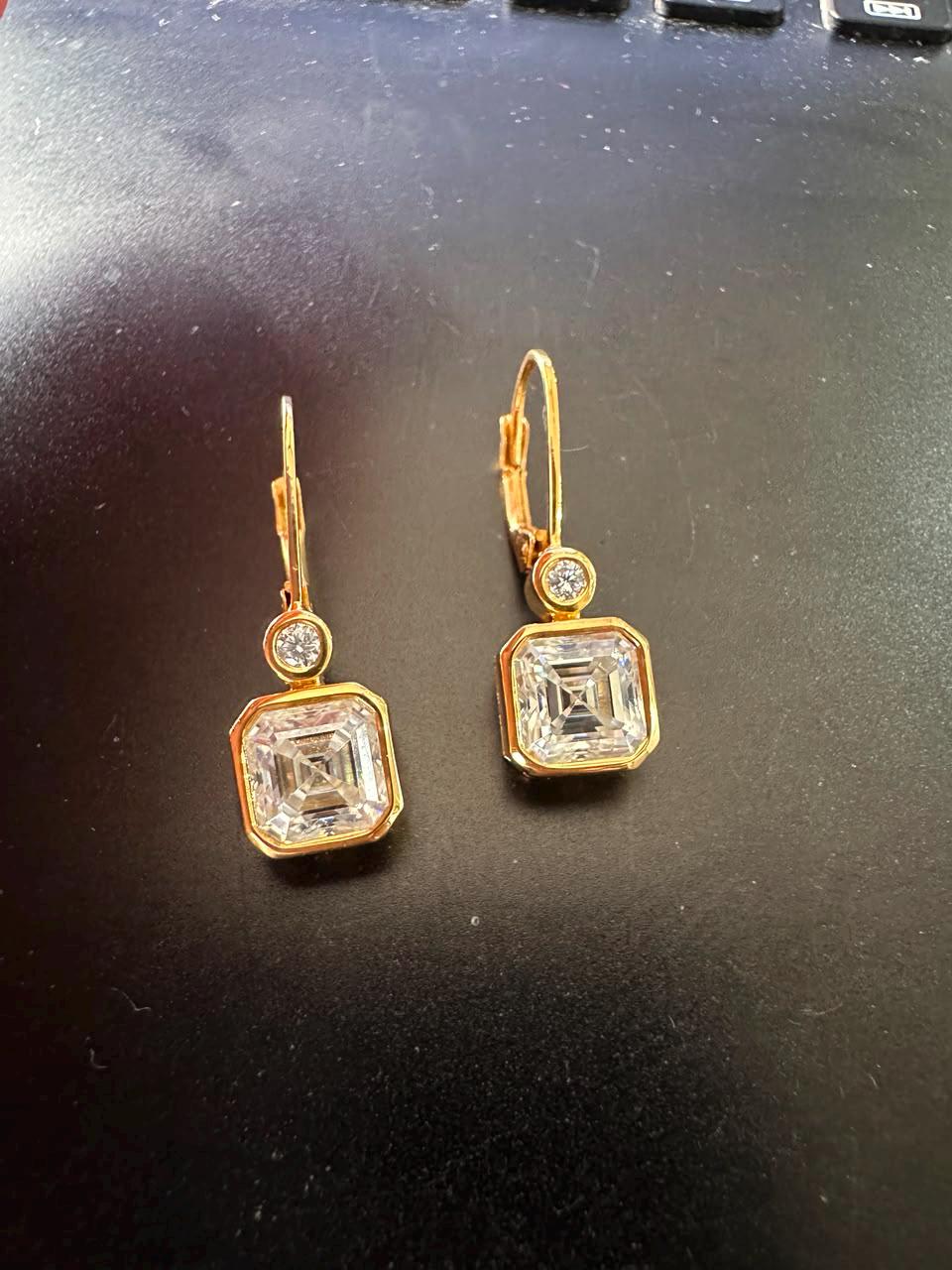 14K Gold Asscher Cut Moissanite Drop Earrings, Bezel Set Wedding Jewelry