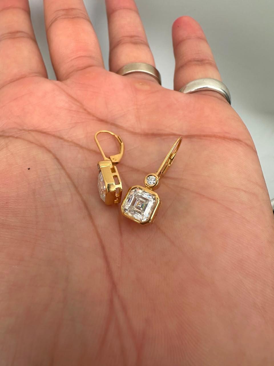 14K Gold Asscher Cut Moissanite Drop Earrings, Bezel Set Wedding Jewelry