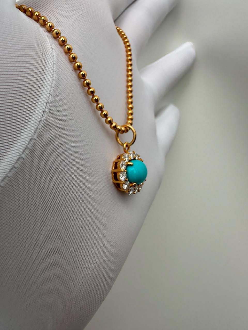 14K Gold Sleeping Beauty Turquoise Pendant, Moissanite Halo Necklace, Fine Jewelry Gift for Her
