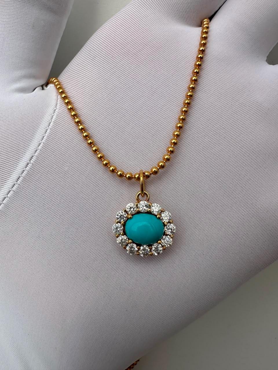 14K Gold Turquoise Pendant, Moissanite Halo Necklace, Christmas Gift for Her