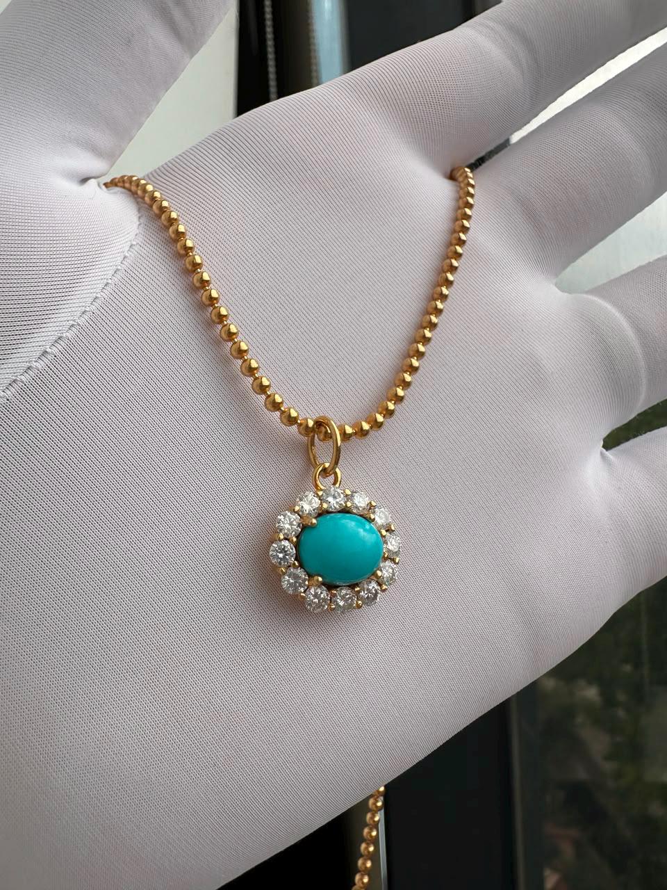 14K Gold Sleeping Beauty Turquoise Pendant, Moissanite Halo Necklace, Fine Jewelry Gift for Her