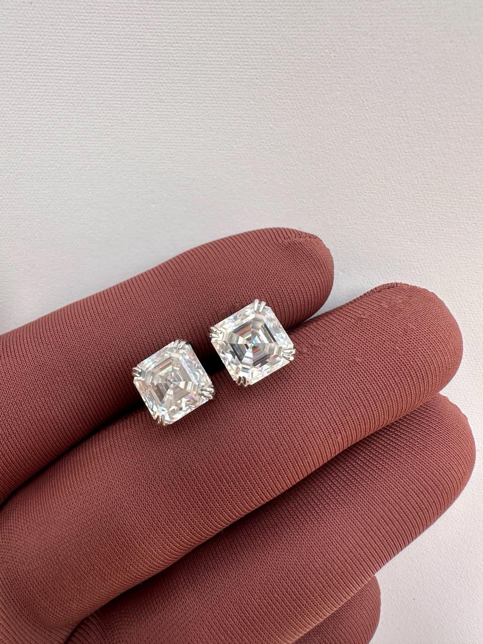 10CT Asscher Cut Moissanite Stud Earrings | 14K White Gold, Screw Back, Men's diamond studs