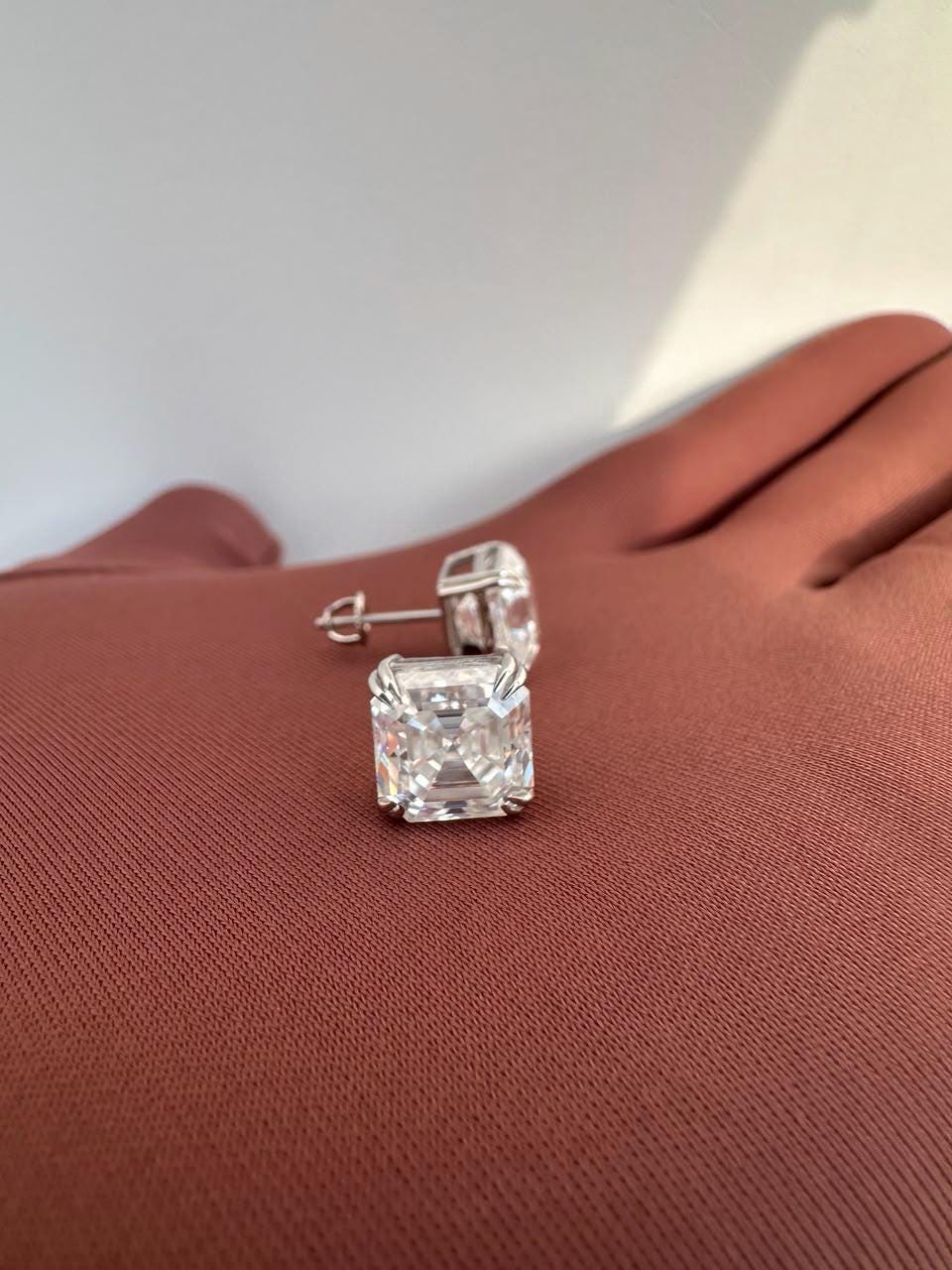 10CT Asscher Cut Moissanite Stud Earrings | 14K White Gold, Screw Back, Men's diamond studs