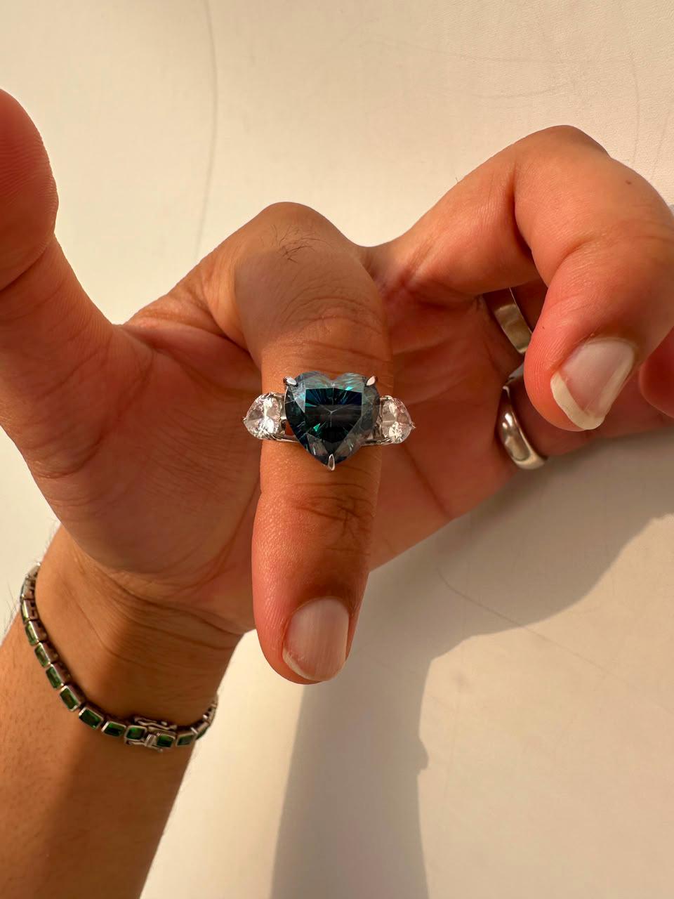 7 CT Alexandrite Heart Moissanite Engagement Ring, 14K White Gold Three stone Ring
