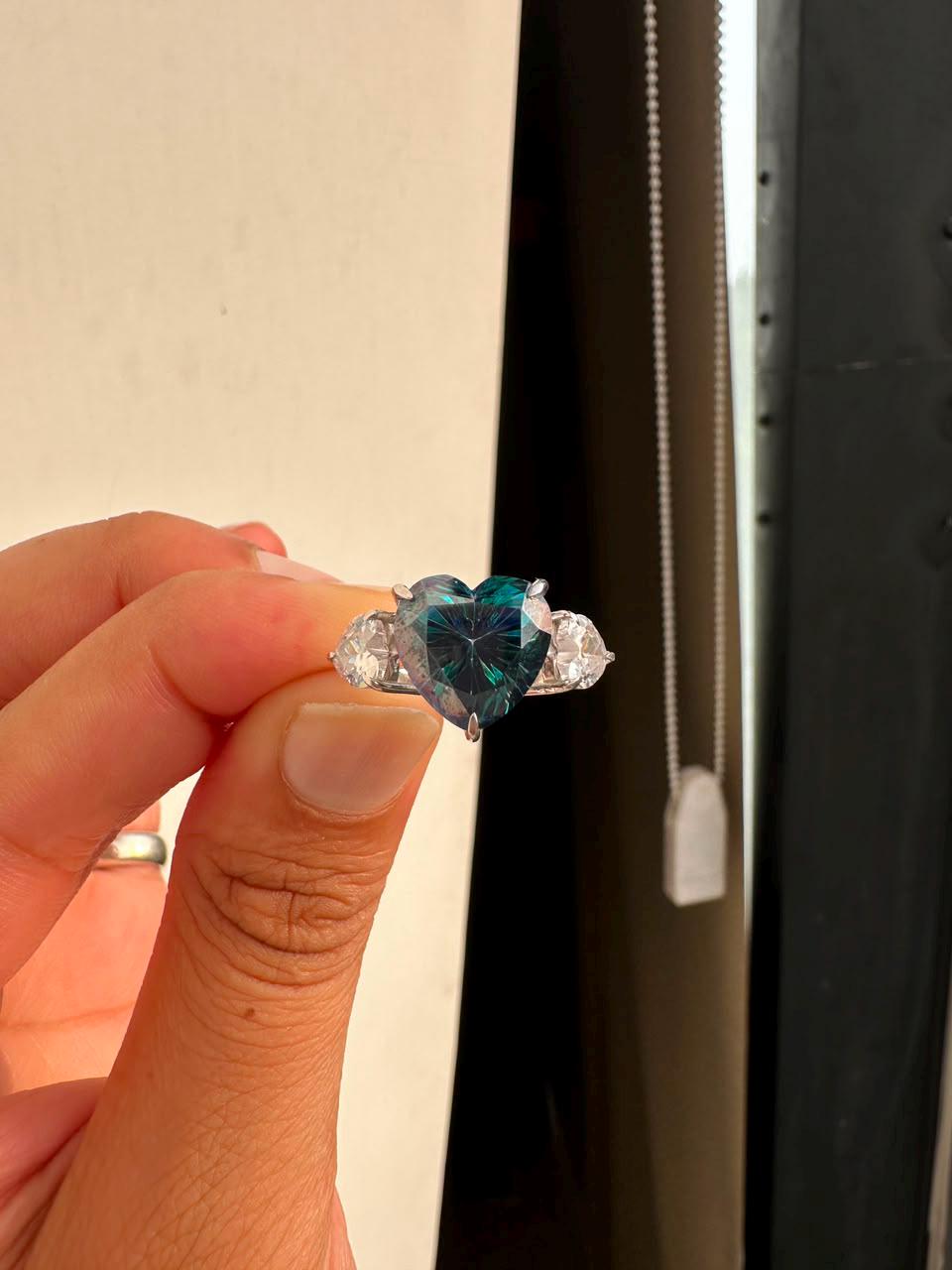 7 CT Alexandrite Heart Moissanite Engagement Ring, 14K White Gold Three stone Ring