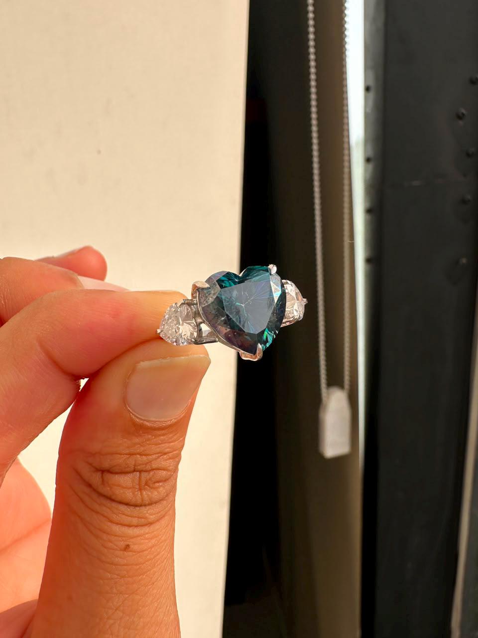 7 CT Alexandrite Heart Moissanite Engagement Ring, 14K White Gold Three stone Ring
