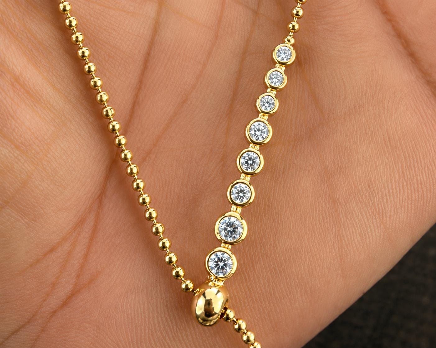 14K Gold Moissanite Necklace: Adjustable Ball Chain Slider Necklace, Gift for her