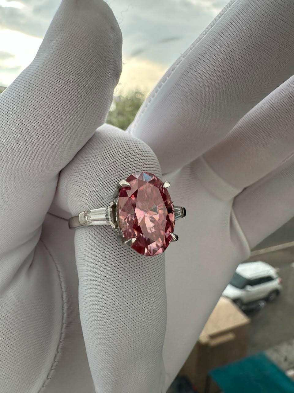 6 Ct Pink Oval Moissanite Engagement Ring, 14K White Gold, Statement Bridal Ring