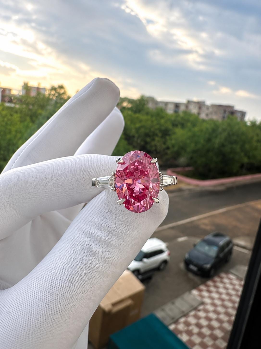6 Ct Pink Oval Moissanite Engagement Ring, 14K White Gold, Statement Bridal Ring