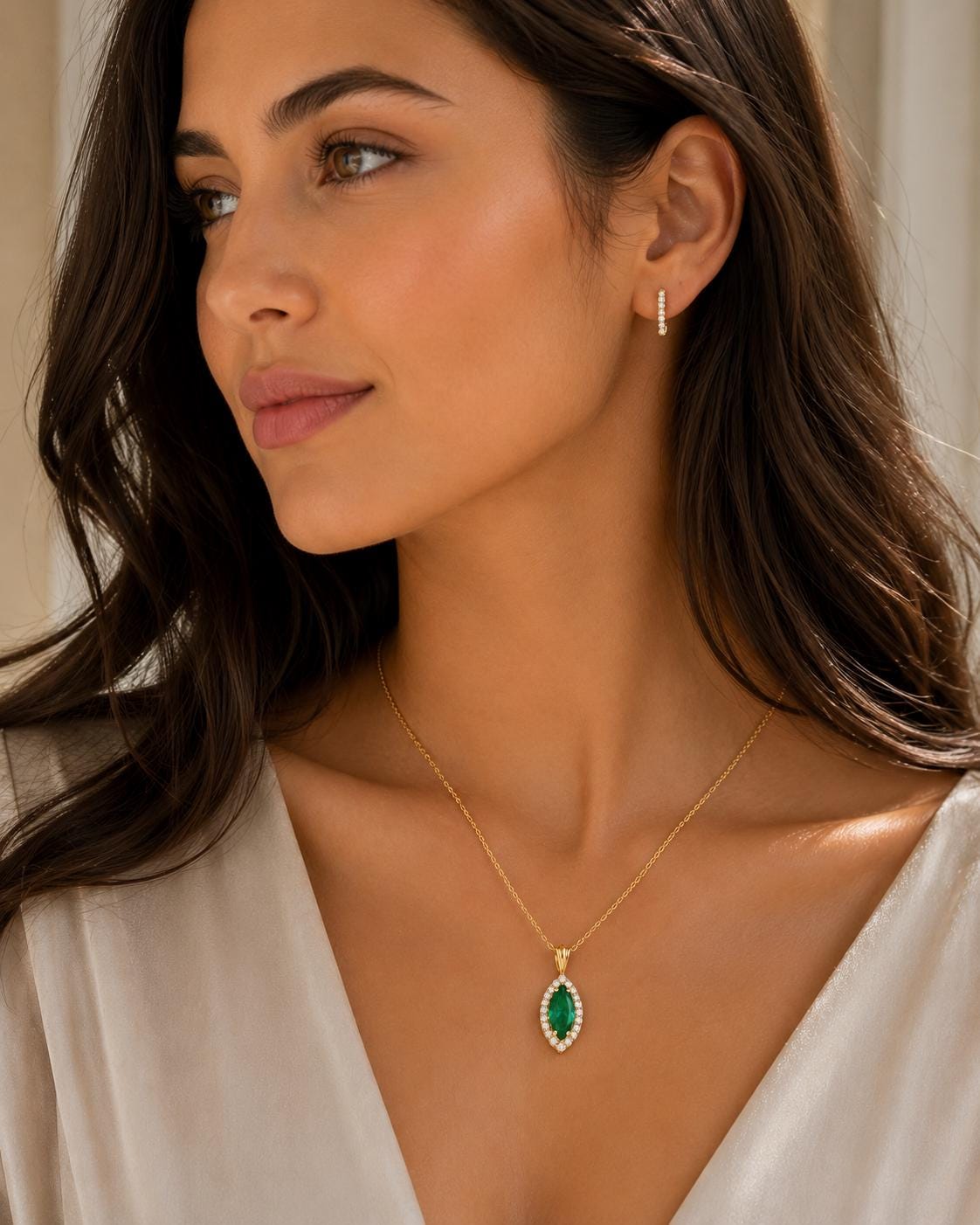 14K Gold Marquise Emerald Halo Pendant, 1.5 Ct Green Gemstone Necklace