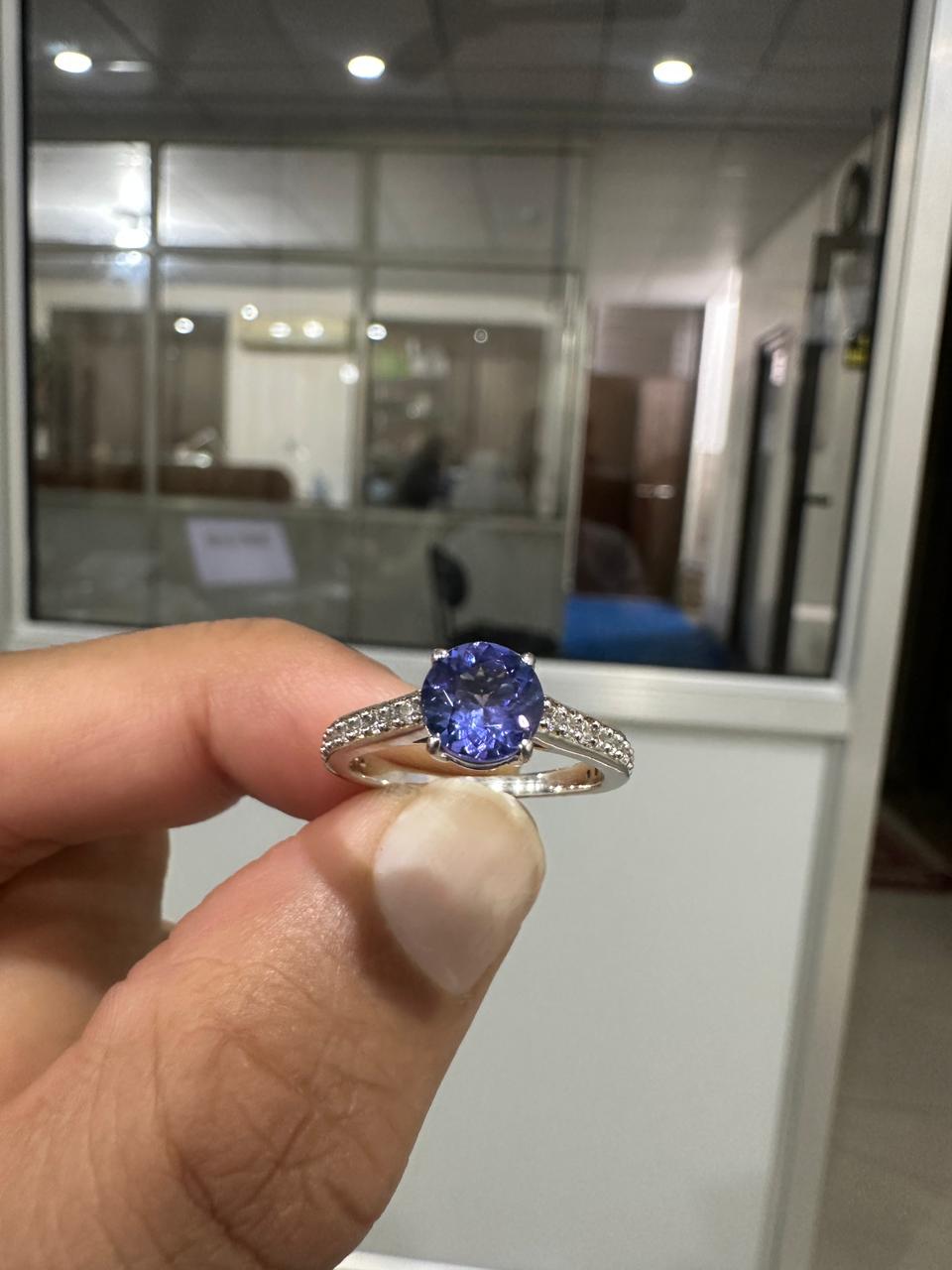 1 CT Round Tanzanite Engagement Ring, 14K White Gold Diamond Pavé Band, Blue-Violet Gemstone