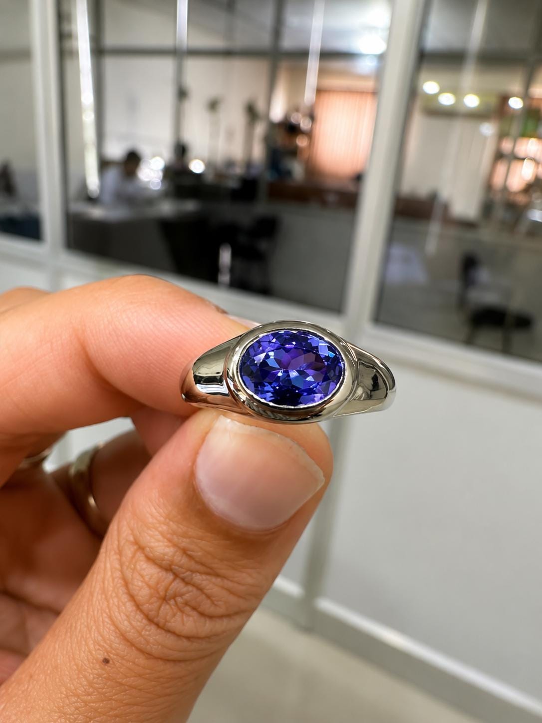 14K White Gold Tanzanite Dome Ring, Oval Blue Purple Gemstone, Modern Men's Band