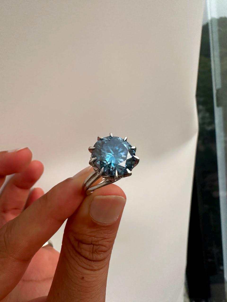 10 CT Blue Moissanite Statement Ring, 14K White Gold Split Shank, Modern Women's Ring