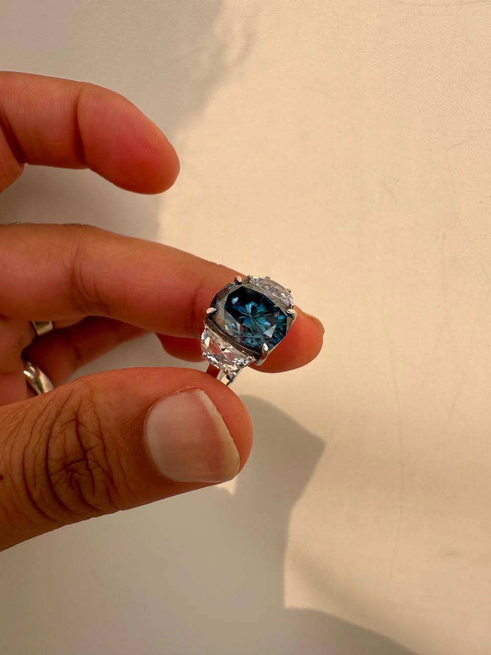 7 CT Blue Cushion Moissanite Engagement Ring, 14K White Gold Three Stone Ring