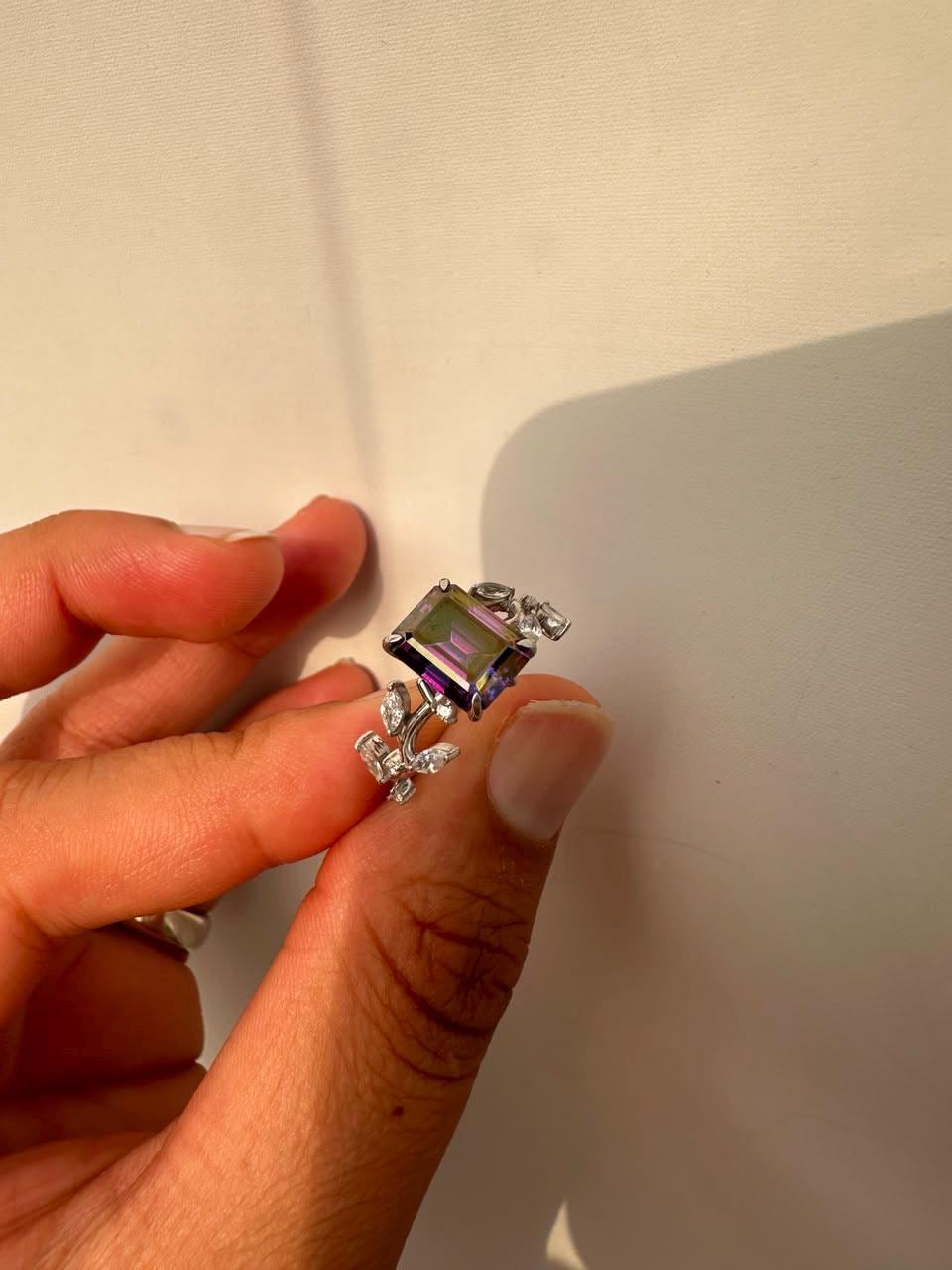 3 CT Royal Purple Emerald Cut Moissanite Ring, 14K White Gold Leaf Band