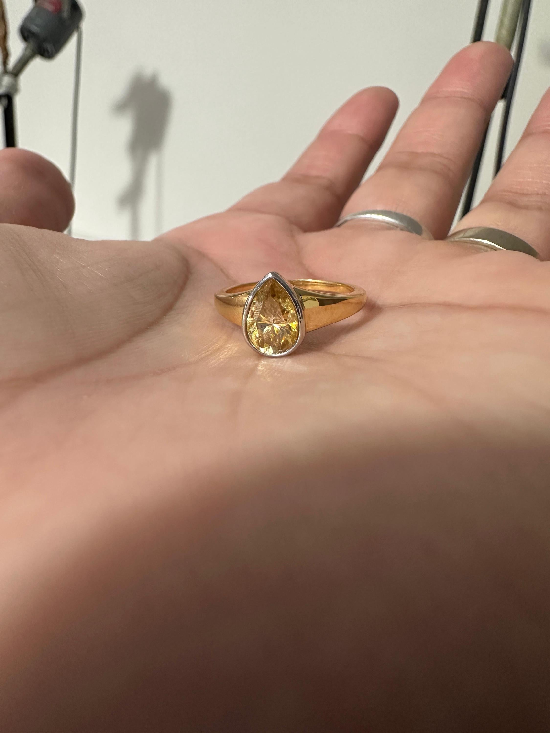 Pear Cut Yellow Moissanite Ring, 14K Gold Bezel Set Engagement Ring, Minimalist Solitaire