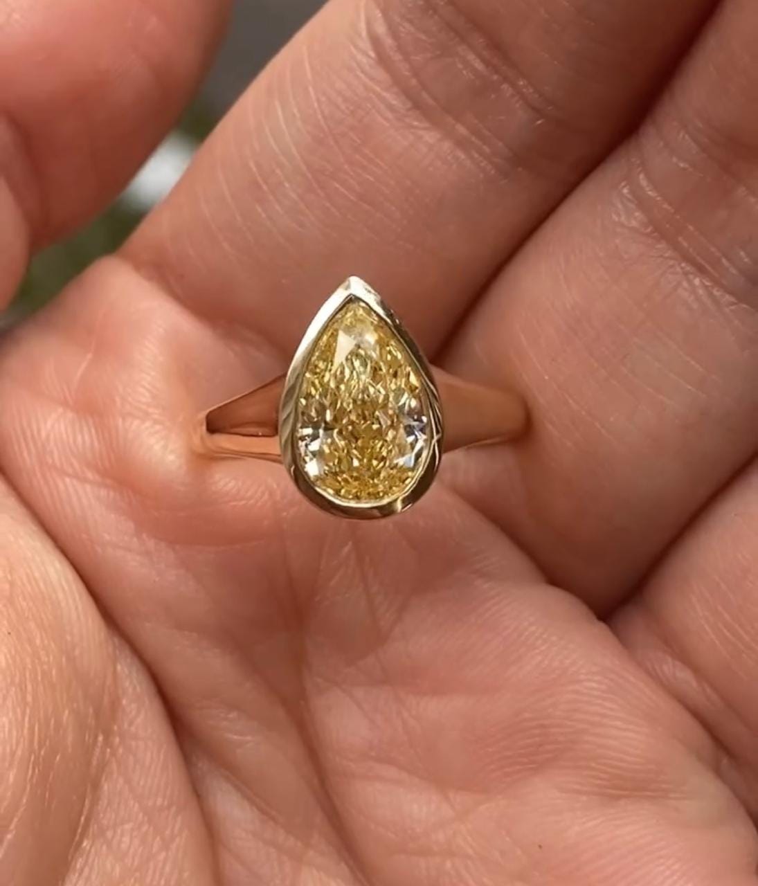 Pear Cut Yellow Moissanite Ring, 14K Gold Bezel Set Engagement Ring, Minimalist Solitaire