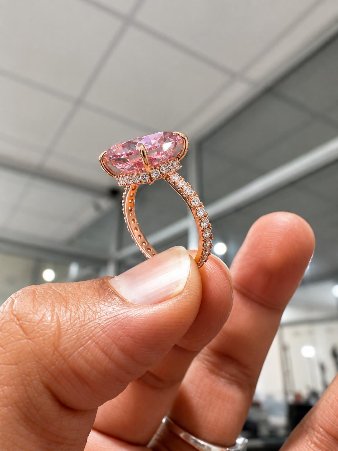 10 CT Pink Cushion Moissanite Engagement Ring, 14K Rose Gold Hidden Halo Pavé Band