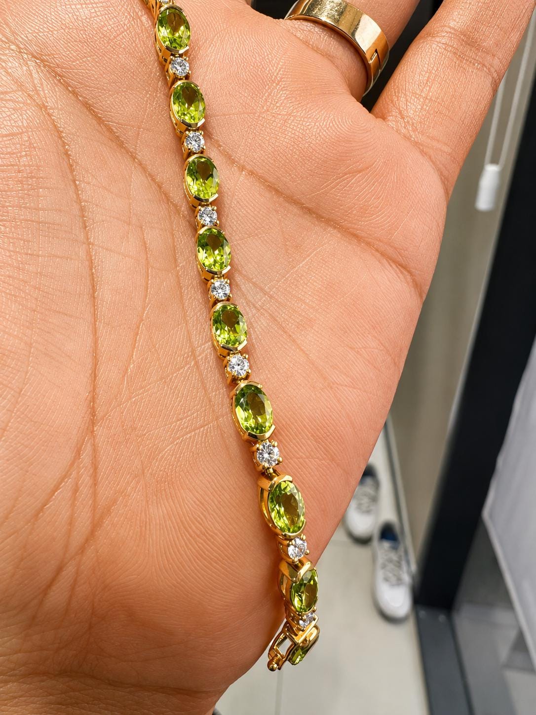 14K Yellow Gold Peridot Tennis Bracelet, Oval Gemstone Moissanite Accents