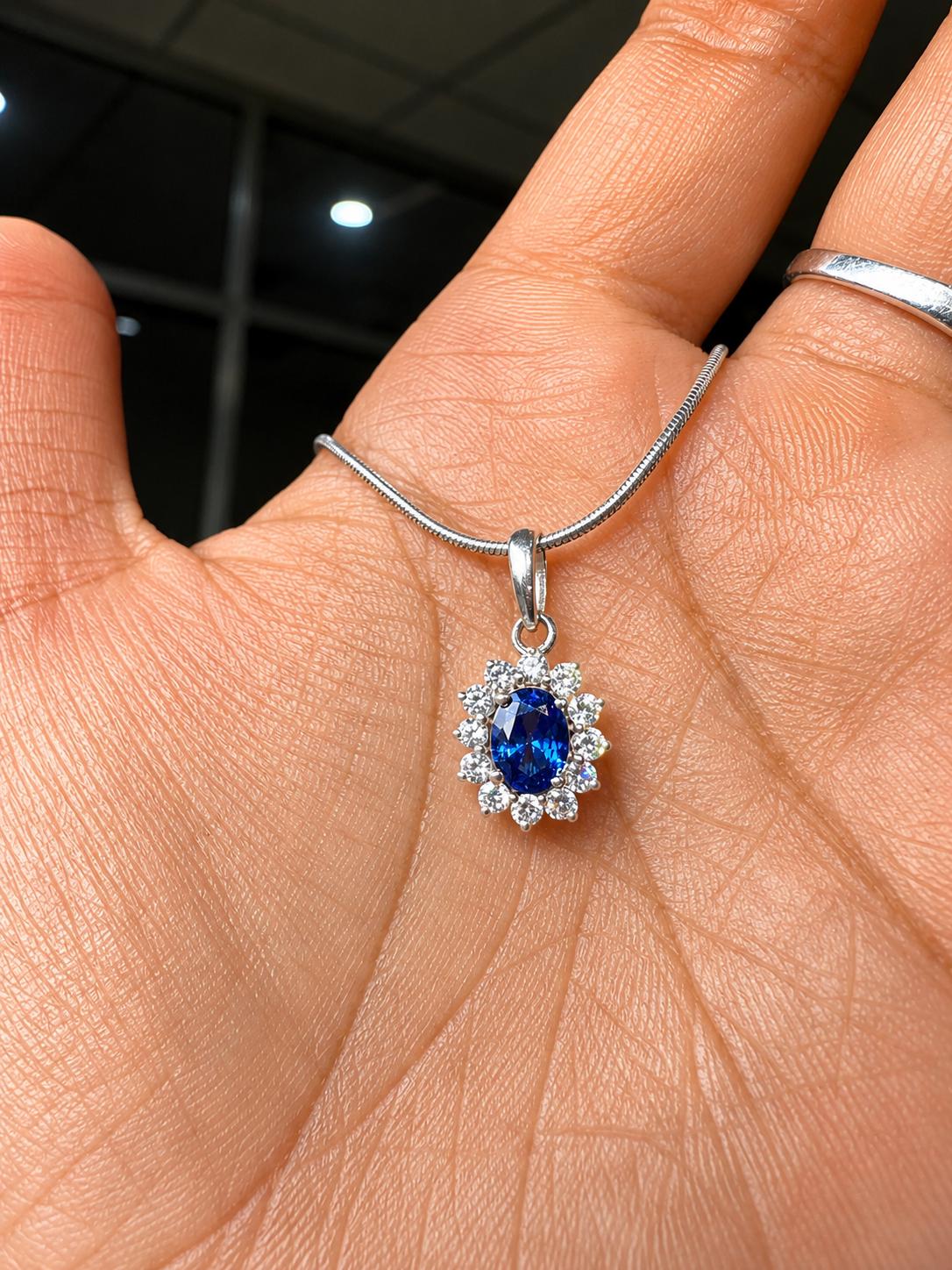 Oval Sapphire Moissanite Halo Pendant Necklace, 925 Sterling Silver Sunflower Jewelry