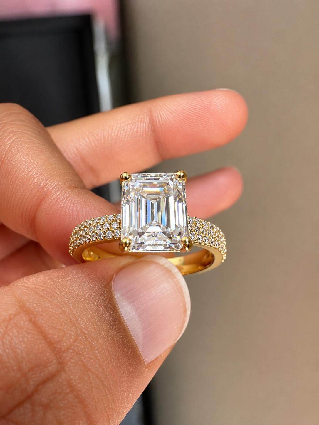2 CT Emerald Cut Lab Diamond Ring | 14K Gold Triple Pave Engagement Band