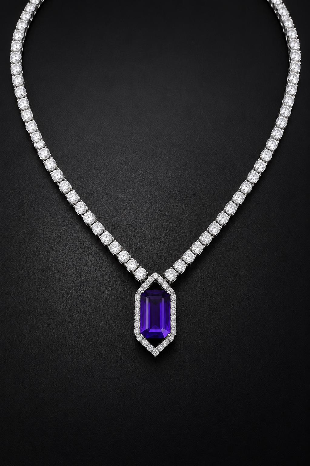Amethyst Moissanite Tennis Necklace | Statement Gemstone Jewelry for her, Luxury Gift