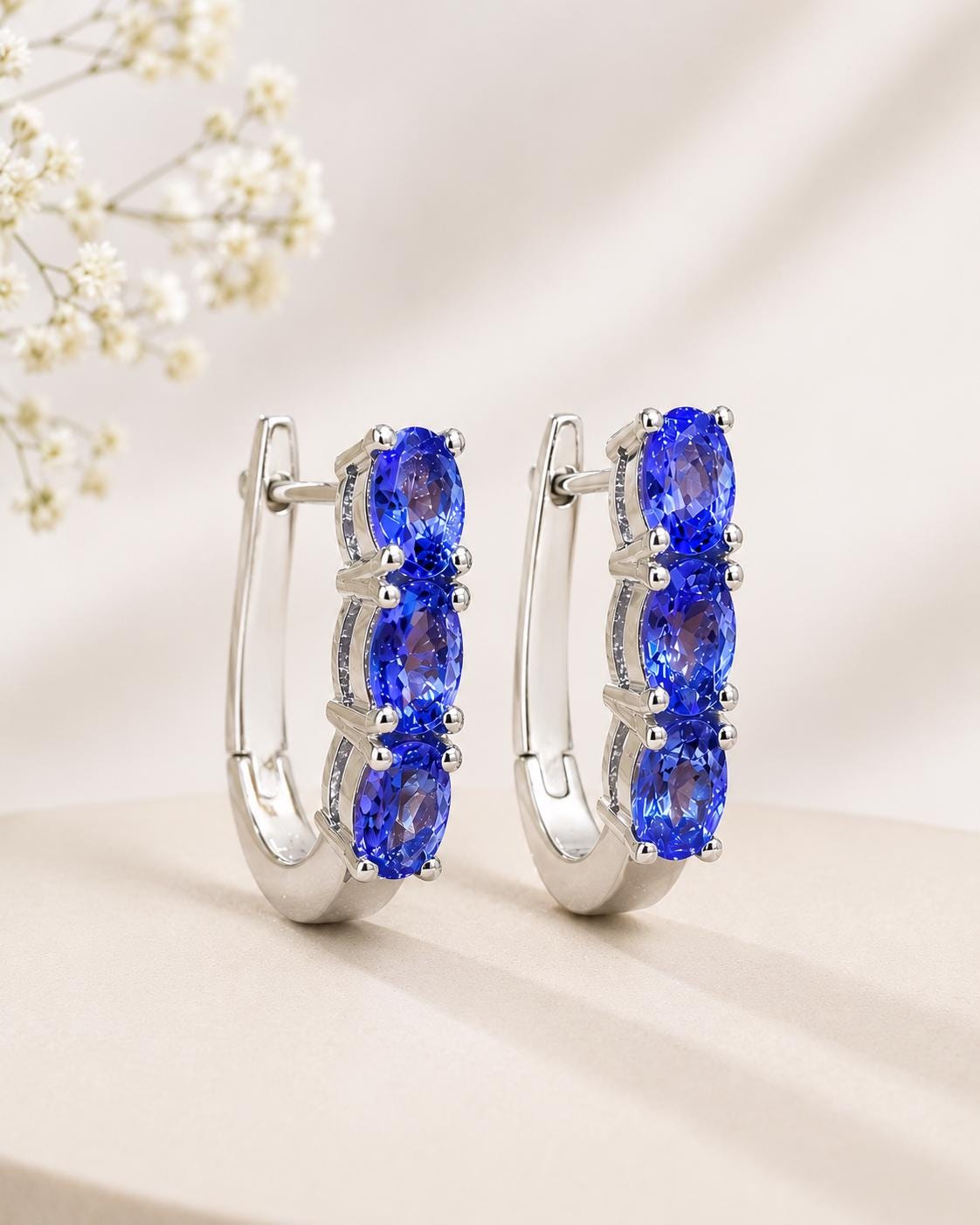 14k White Gold Tanzanite Huggies Hoop Earrings, December Birthstone, Gift for her
