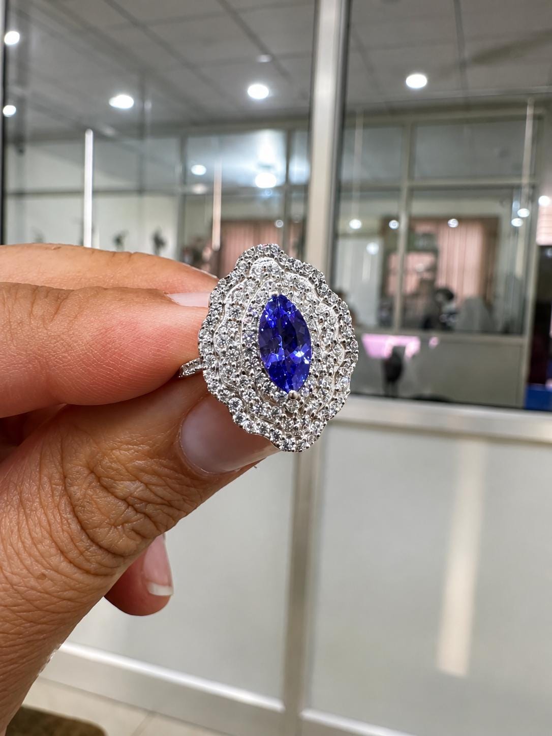 Marquise Tanzanite Halo Engagement Ring, 1.65 CT Blue Purple Gemstone, Moissanite Accents