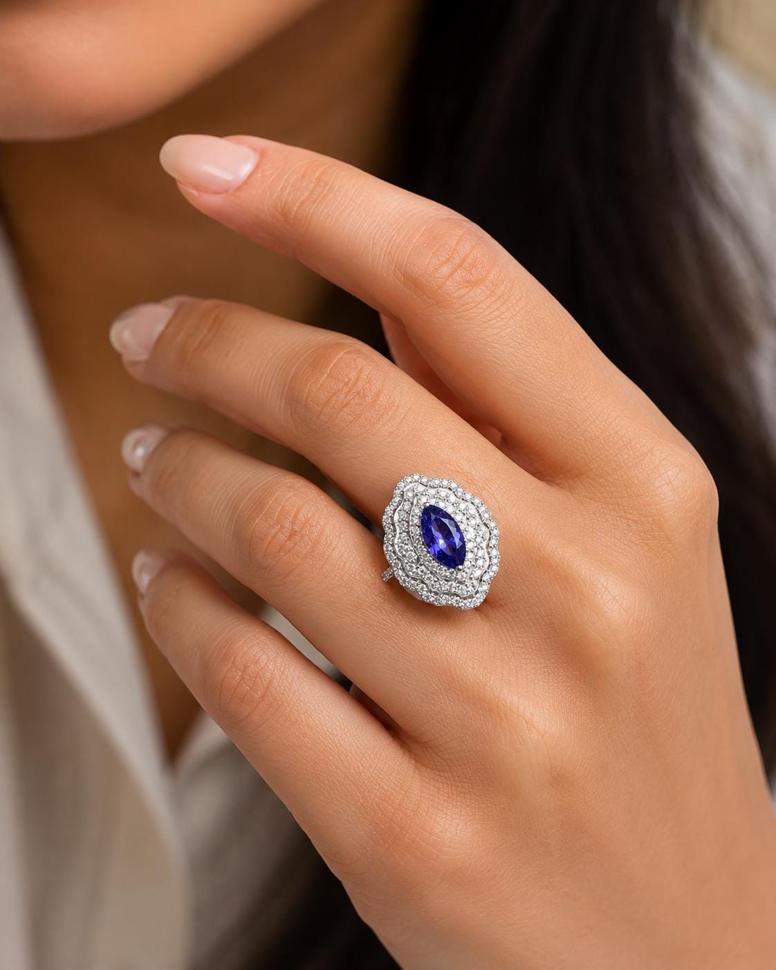 Marquise Tanzanite Halo Engagement Ring, 1.65 CT Blue Purple Gemstone, Moissanite Accents