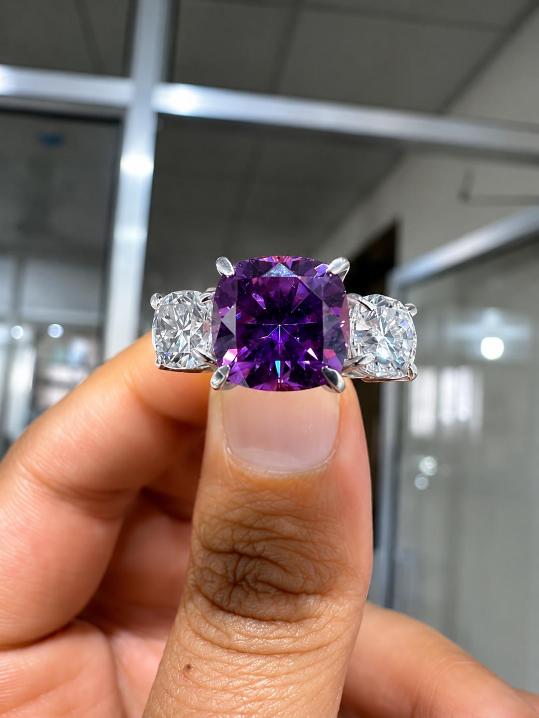 Royal Purple Cushion cut Moissanite Three Stone Ring | 14k White Gold, 8 Ct Ring