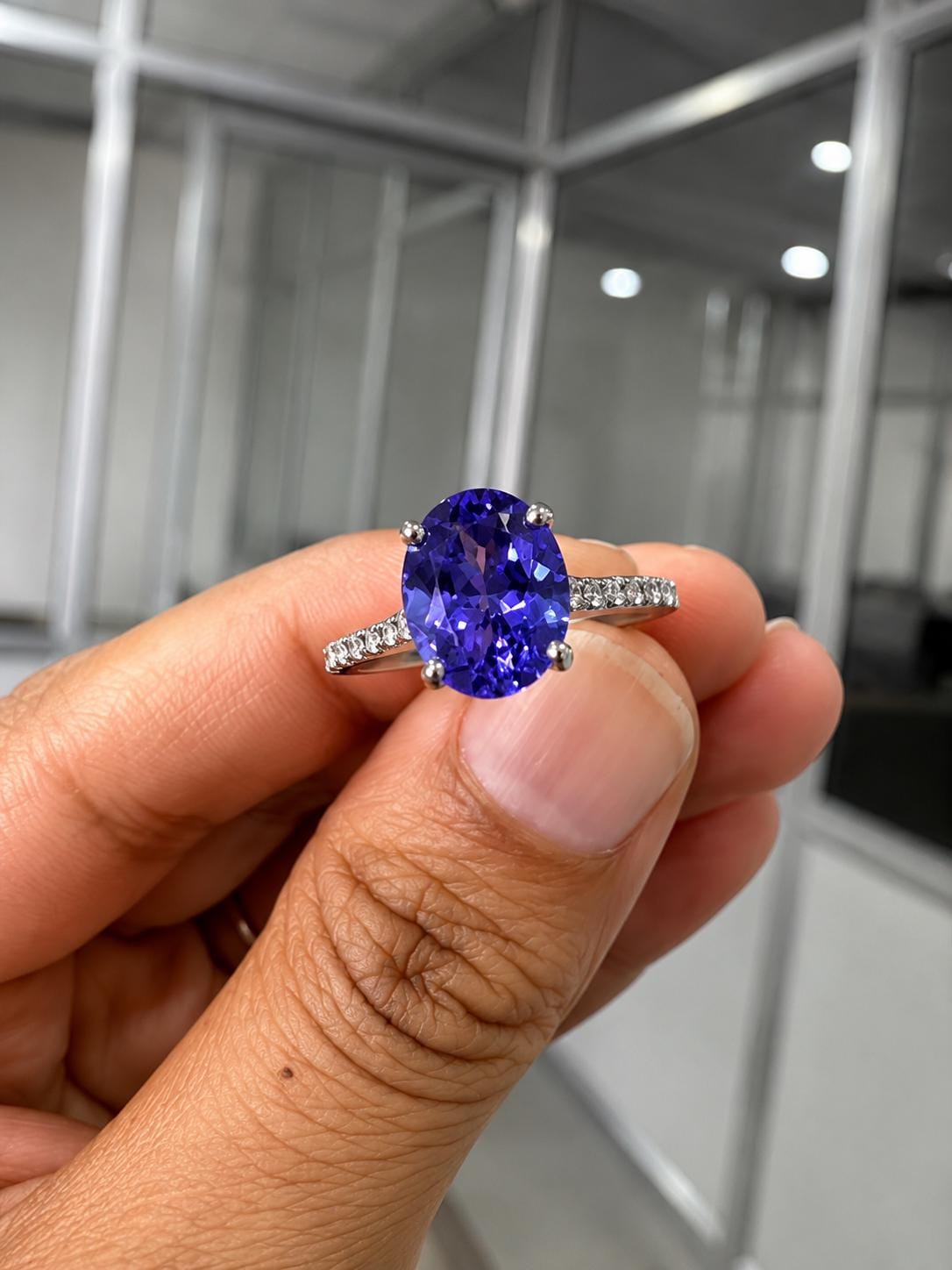 2.5 CT Oval Tanzanite Engagement Ring, 14K Gold Lab Diamond Pavé Band