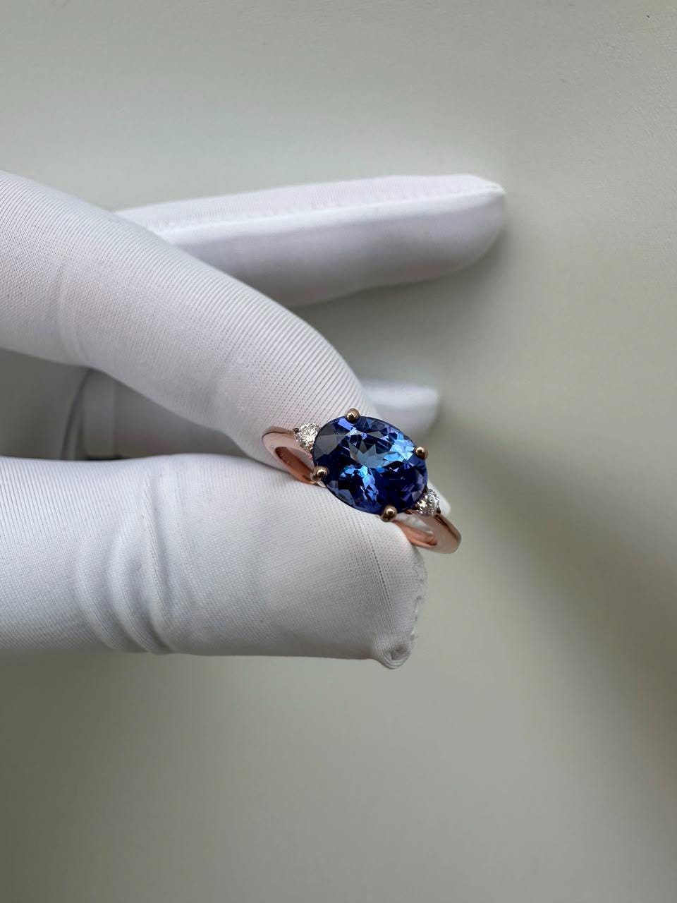 14K Rose Gold Oval Tanzanite Ring – Elegant Solitaire Engagement Ring, Diamond Accents