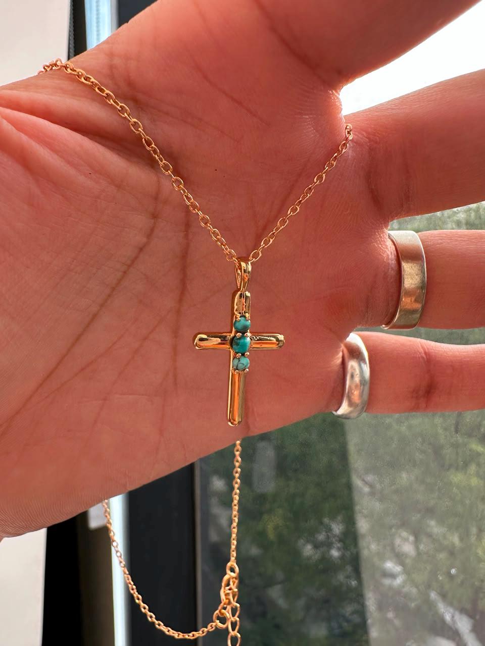 Turquoise Cross Pendant | 14K Yellow Gold Necklace | Jewelry Gift for Her or Him