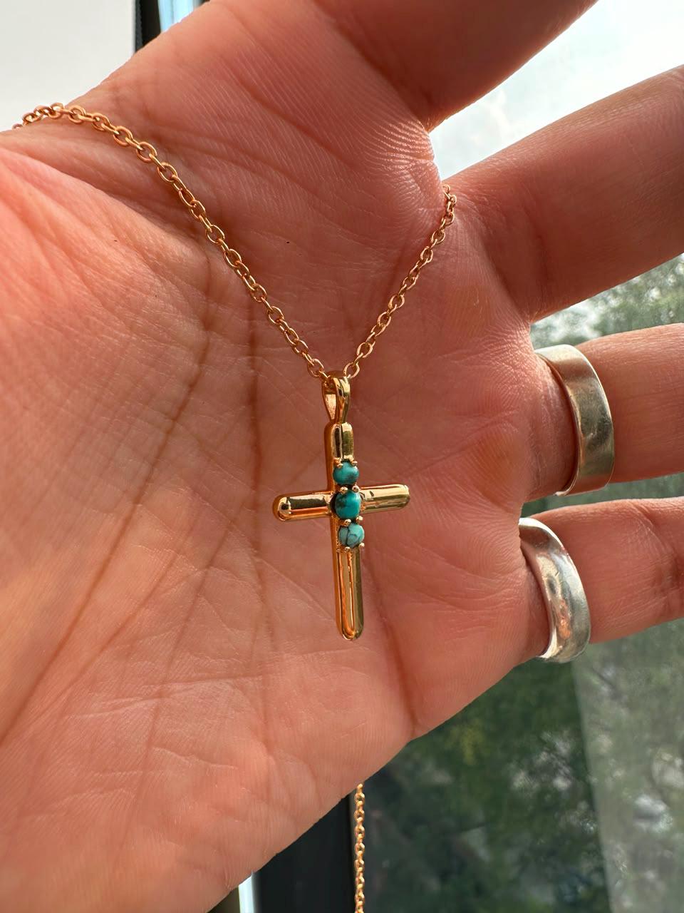 Turquoise Cross Pendant | 14K Yellow Gold Necklace | Jewelry Gift for Her or Him
