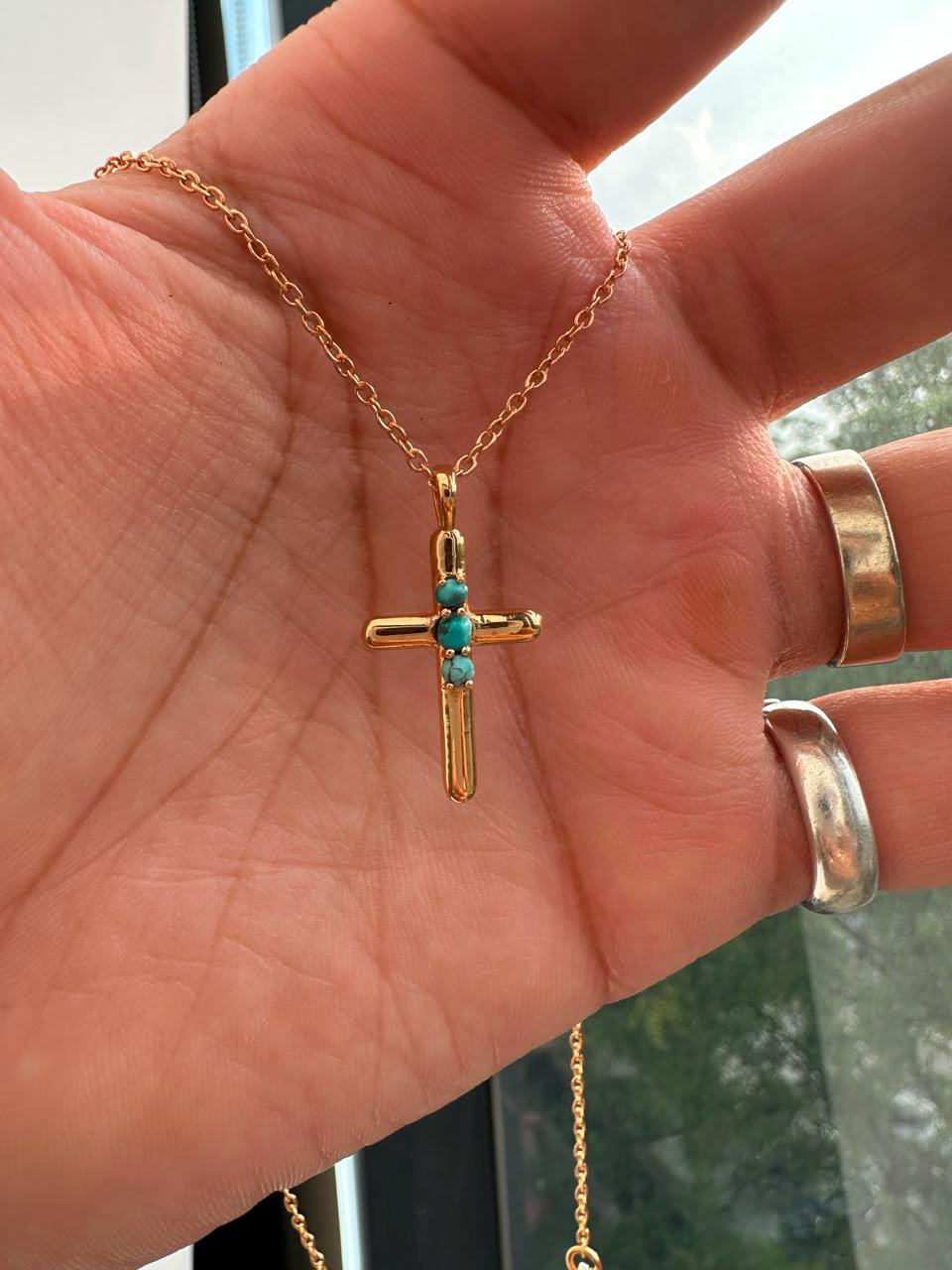 Turquoise Cross Pendant | 14K Yellow Gold Necklace | Jewelry Gift for Her or Him