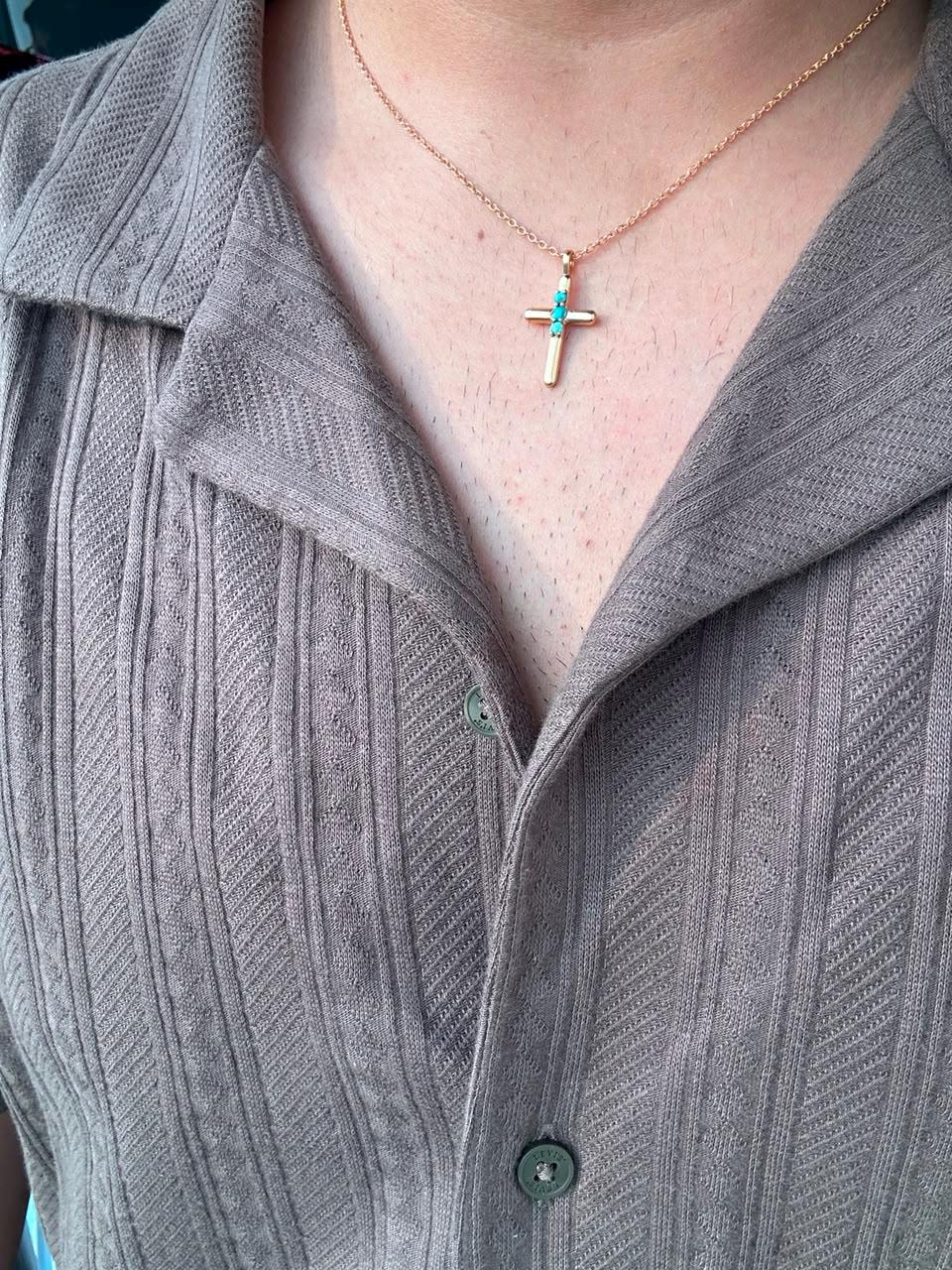 Turquoise Cross Pendant | 14K Yellow Gold Necklace | Jewelry Gift for Her or Him