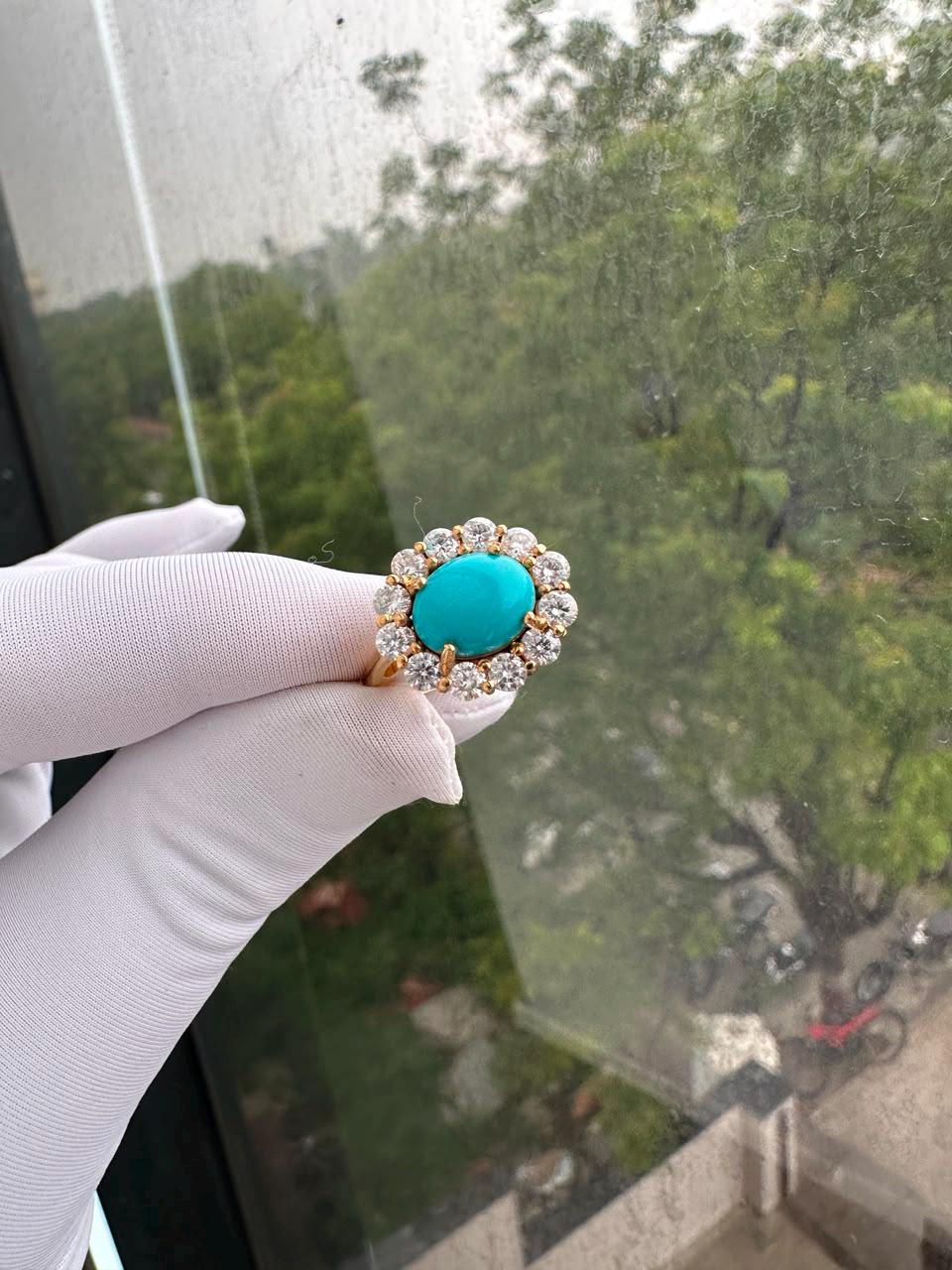 Sleeping Beauty Turquoise Engagement Ring | 14K Yellow Gold Moissanite Halo Ring | Fine Jewelry | Anniversary Gift for Her