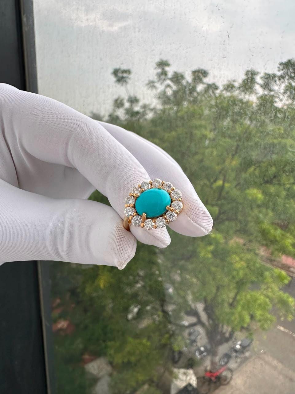 Sleeping Beauty Turquoise Engagement Ring | 14K Yellow Gold Moissanite Halo Ring | Fine Jewelry | Anniversary Gift for Her