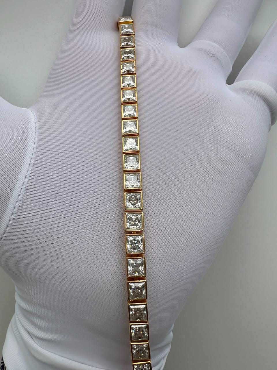 Men's Moissanite Tennis Bracelet, 14K Yellow Gold Sterling Silver, Princess Cut Bezel, 14 CT